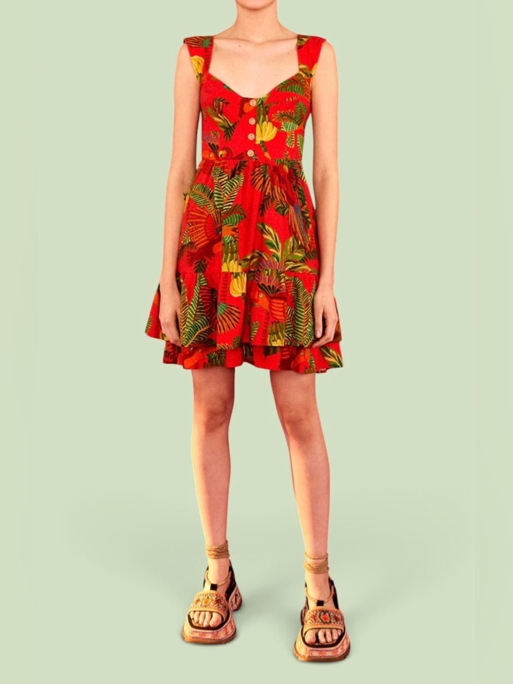Farm Rio Red Forest Birds Mini Dress M Red Linen Blend Tiered Hem Pockets